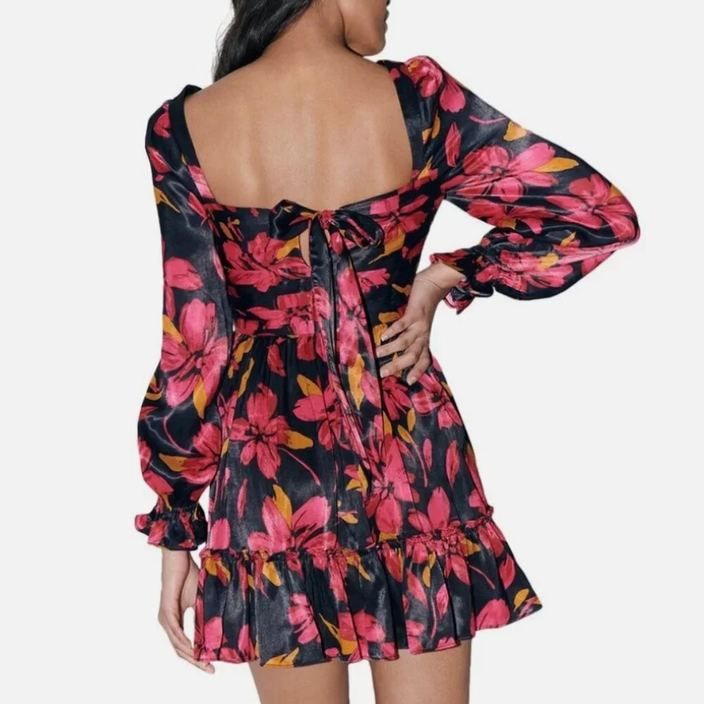 Saylor Fritz Floral Print Long Sleeve Babydoll Dress Sz‎ M Black Multi Floral - Picture 2 of 11